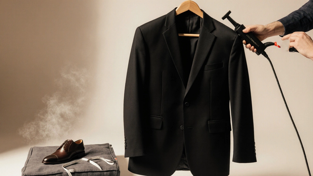 Black suit jacket on a hanger with steamer, cloth bag, and hands adjusting sleeves.