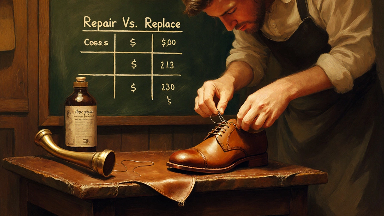 Cobblers repairing a leather shoe in a workshop with a decision matrix on a chalkboard.