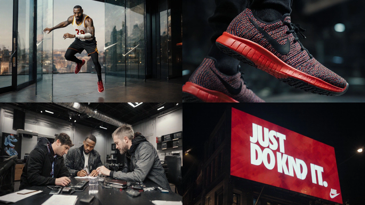 Collage of Nike store, LeBron James, Flyknit lab, and Just Do It billboard showing brand pillars.