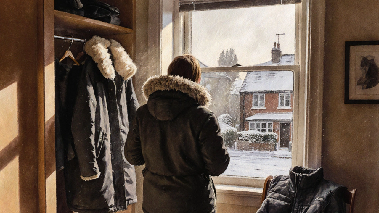 Cozy indoor scene with a person choosing a parka while rain and snow fall outside.