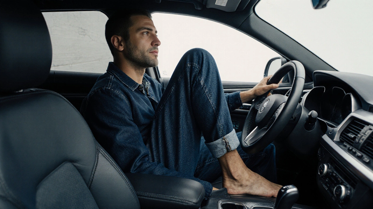 Driver wearing relaxed fit jeans with clean ankle break, comfortable in car interior