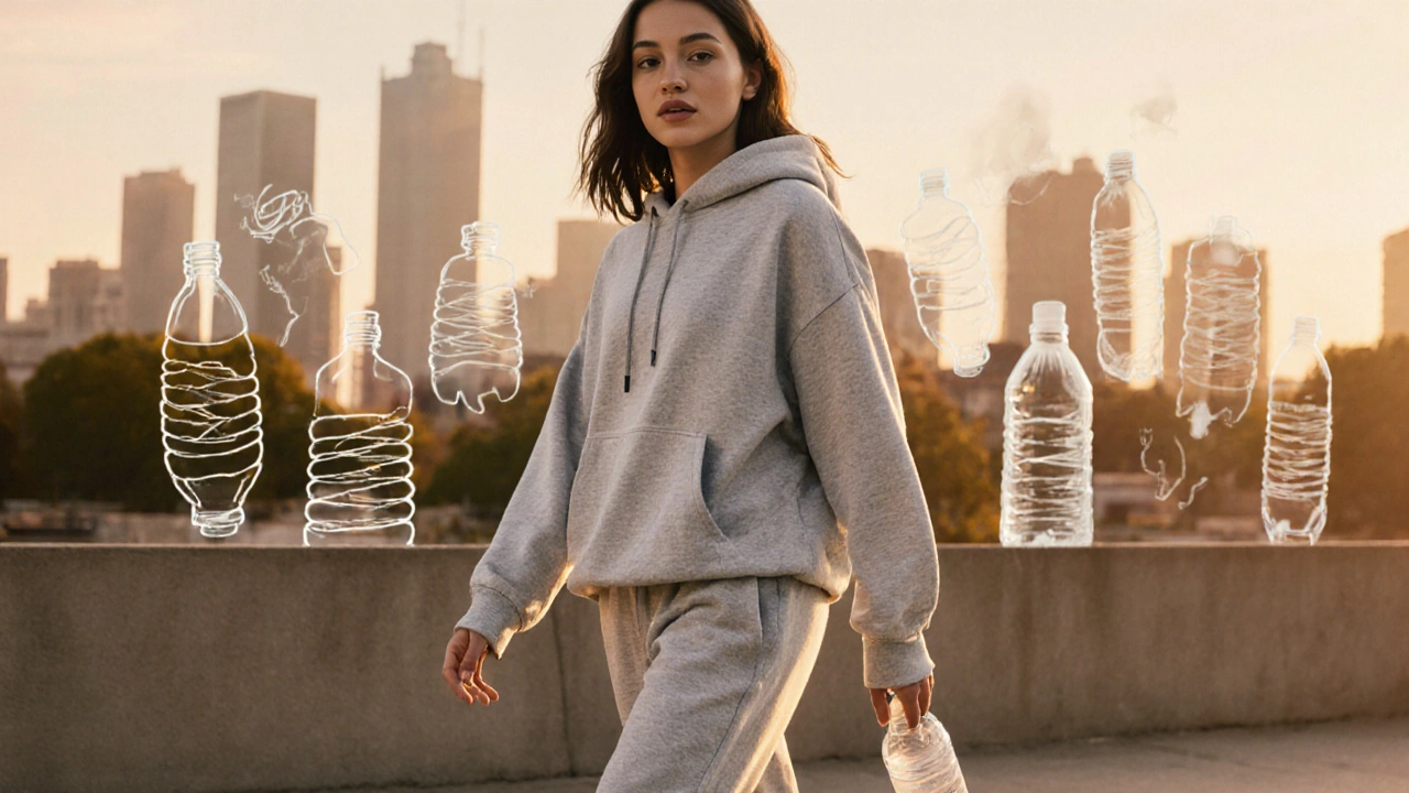 Eco‑friendly athleisure model walking in city with subtle recycled‑fabric motif.