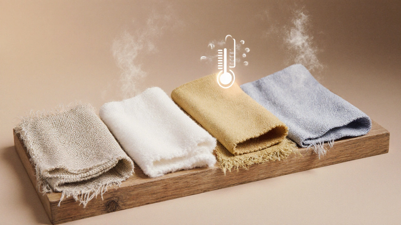 Five fabric swatches displayed side by side, showing textures of linen, cotton, polyester, bamboo, and rayon.