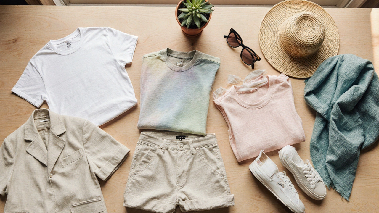 Flat‑lay of a summer capsule wardrobe with tees, trousers, dress, blazer, hat, shoes, and sunglasses.
