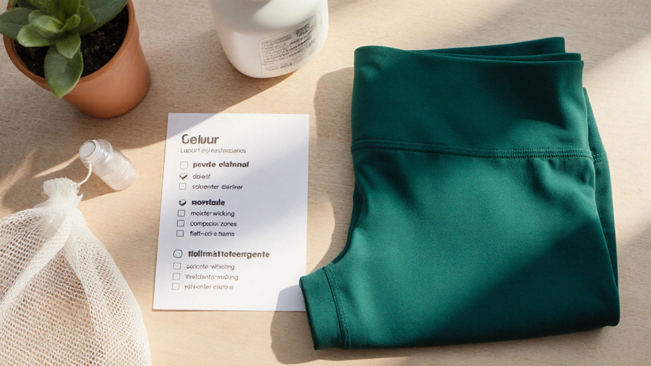 Flat lay of activewear leggings with spec card, laundry items, and natural lighting.