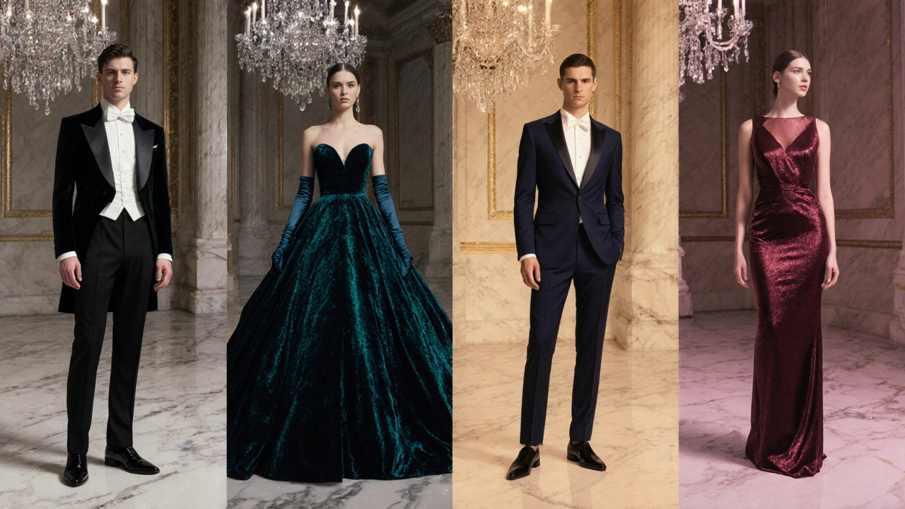 Four models showing white‑tie, black‑tie, formal and cocktail attire in a grand ballroom setting.
