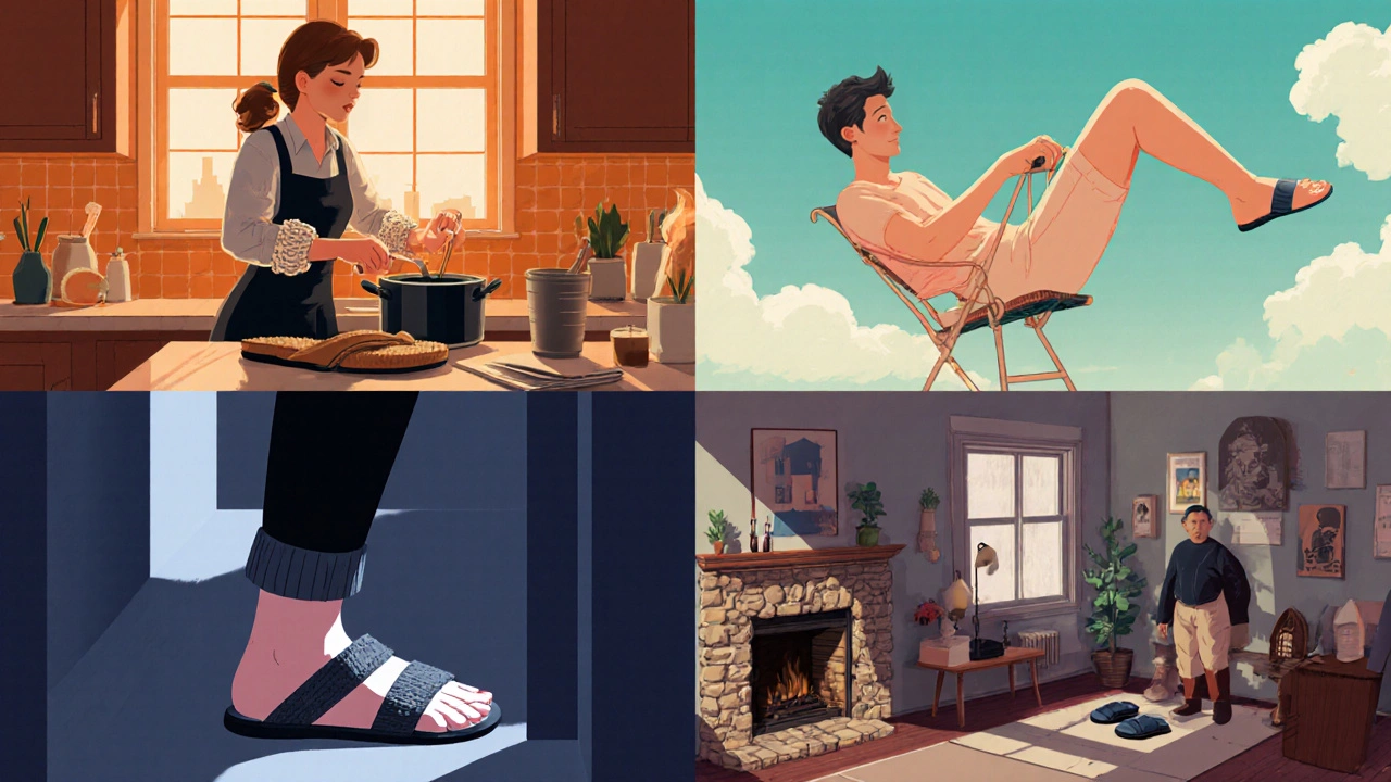 Four scenes showing people wearing regional indoor shoes: moccasins, flops, slides, slippers.