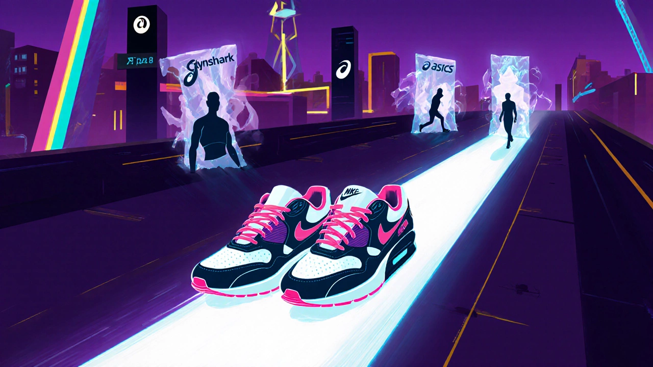 Futuristic sneaker runway with Nike shoes leading, emerging brand logos in the background.