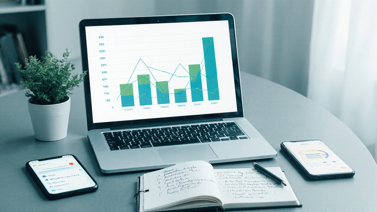 Home office with laptop analytics, checklist notebook, and phone indicating SEO work.