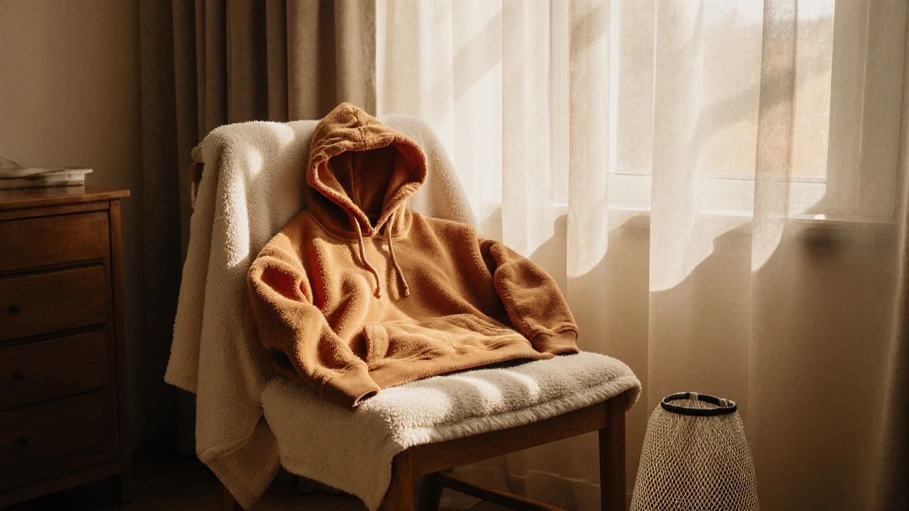 Hoodie laid flat on a towel in a sunlit room, with a mesh laundry bag nearby.