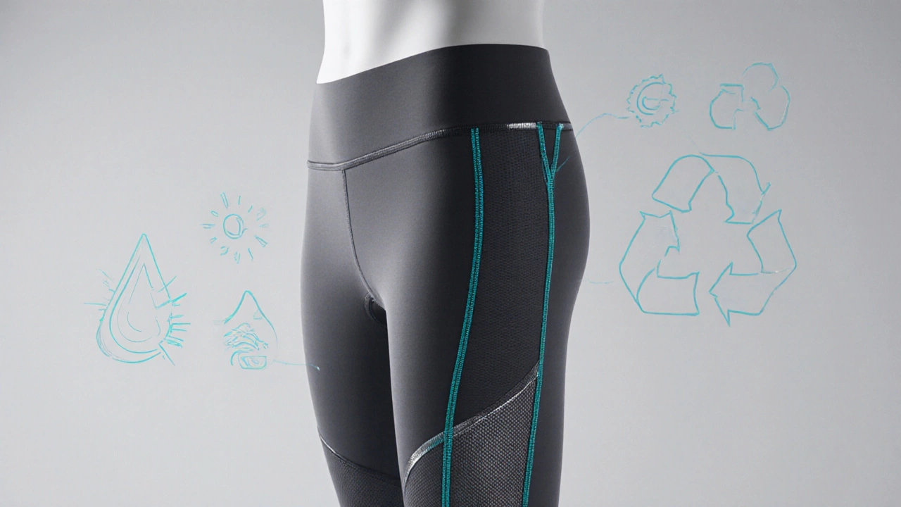 Macro view of leggings showing flat‑lock seams, mesh and compression zones.