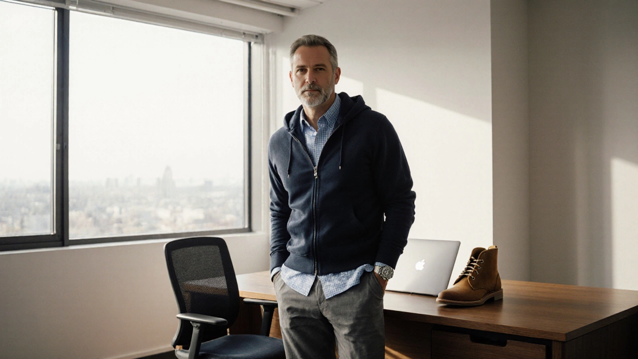 Mature man in navy zip‑up hoodie over shirt, standing by a wooden desk.