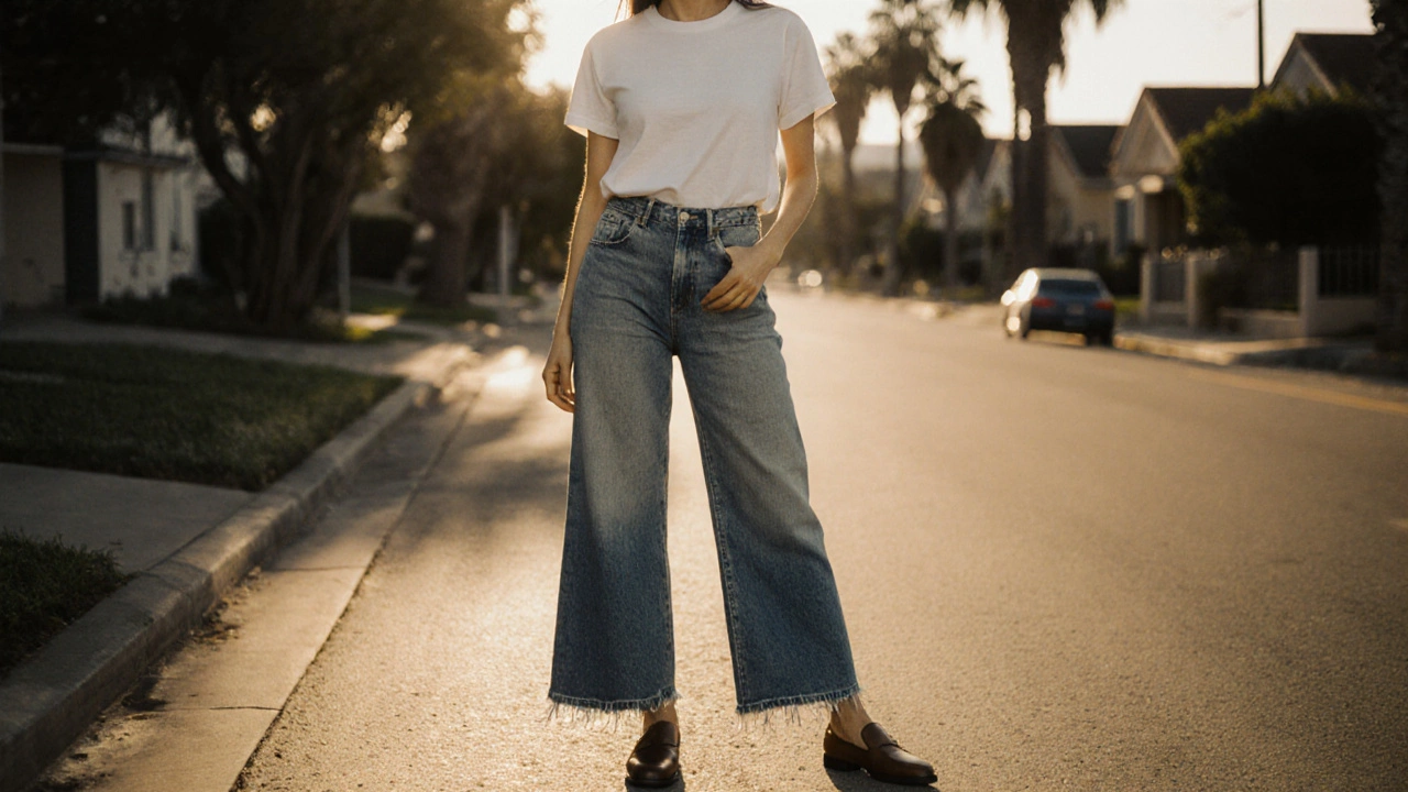 Meghan Markle in classic wide-leg denim with a white tee, standing casually in Los Angeles.