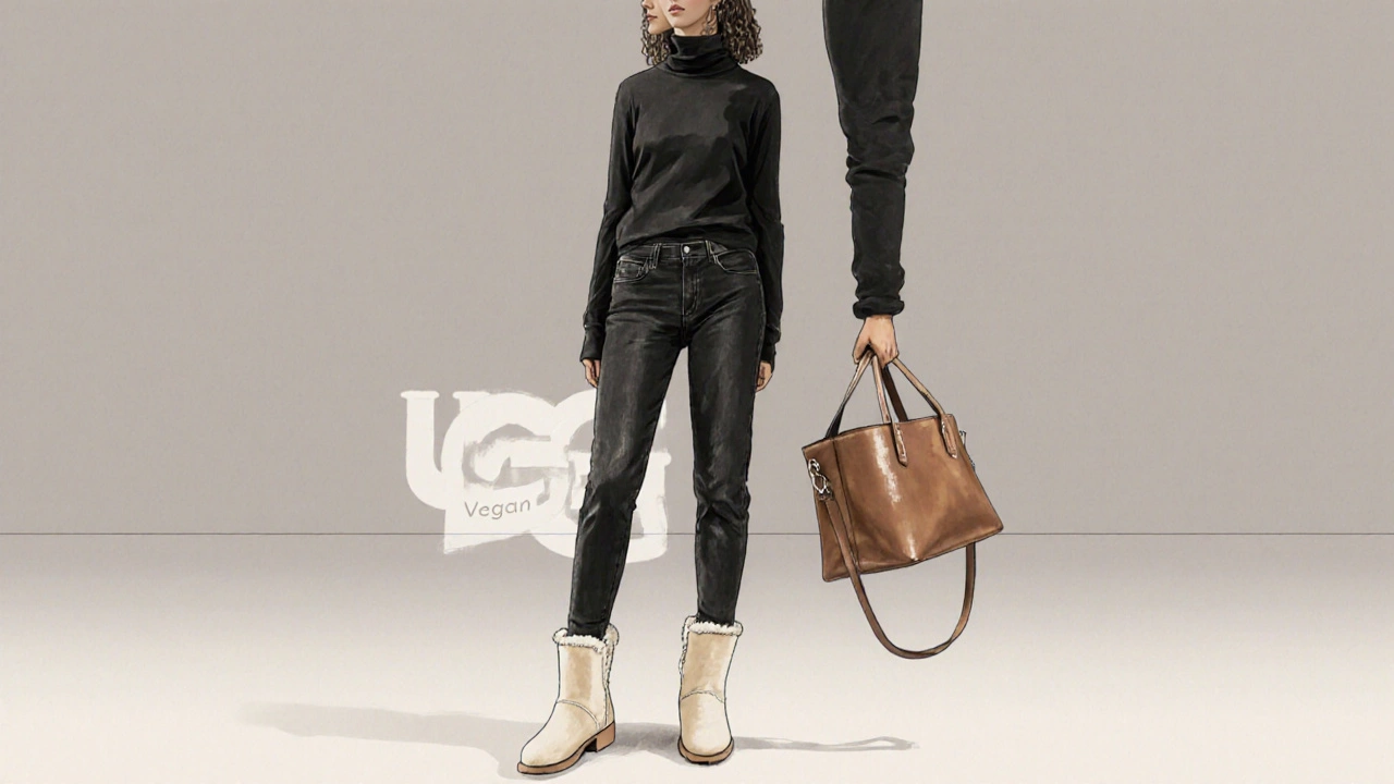 Model in minimalist outfit featuring cream UGG boots and sustainable accessories.