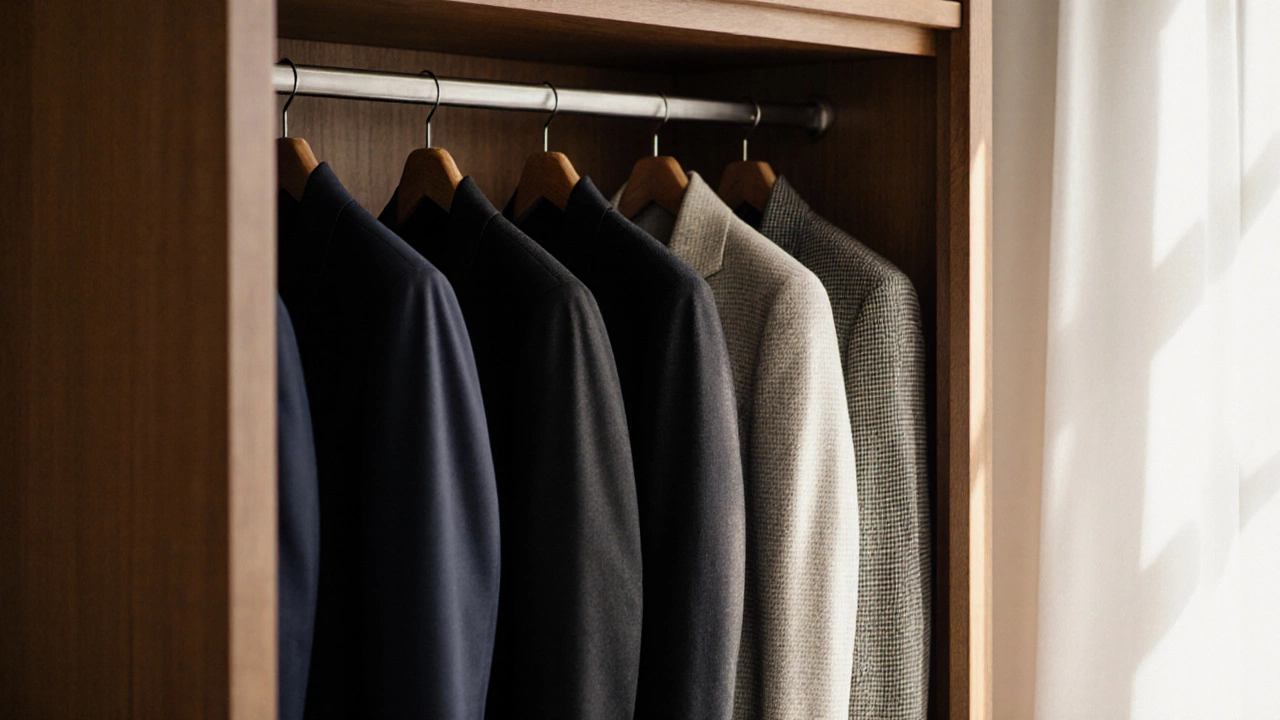 Open wardrobe displaying navy, charcoal, black, linen, and patterned suits on hangers.