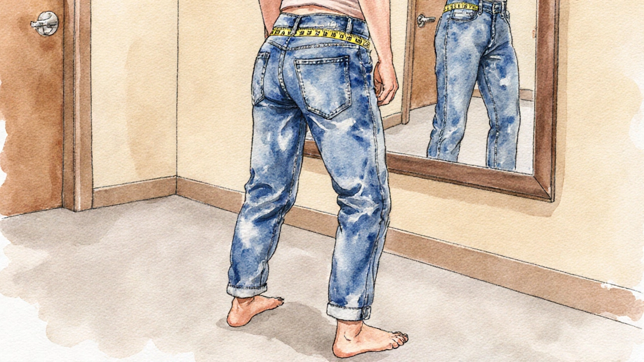 Person squatting barefoot in fitting room to test thigh mobility of straight leg jeans