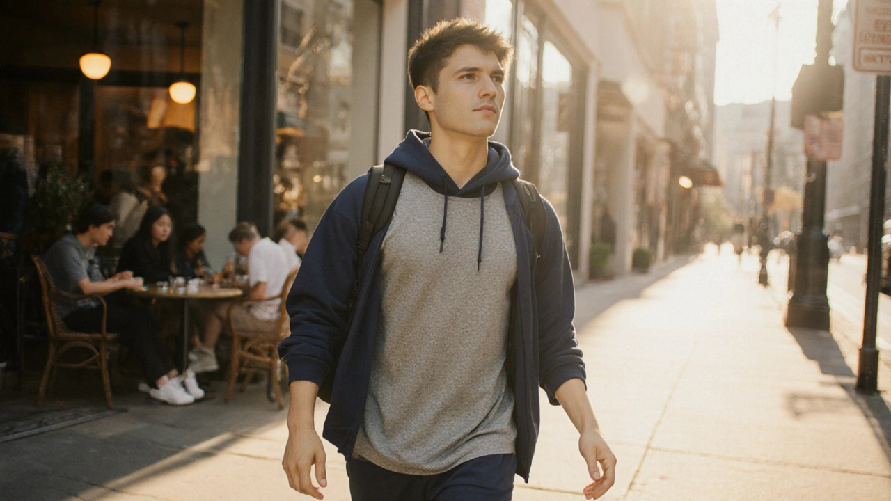 Person walking from gym to café wearing layered active and sportswear outfit.