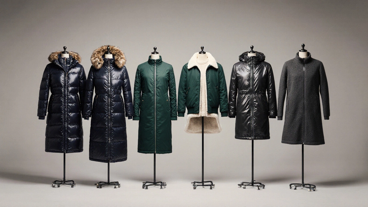 Series of mannequins displaying different winter jacket styles with distinct textures.