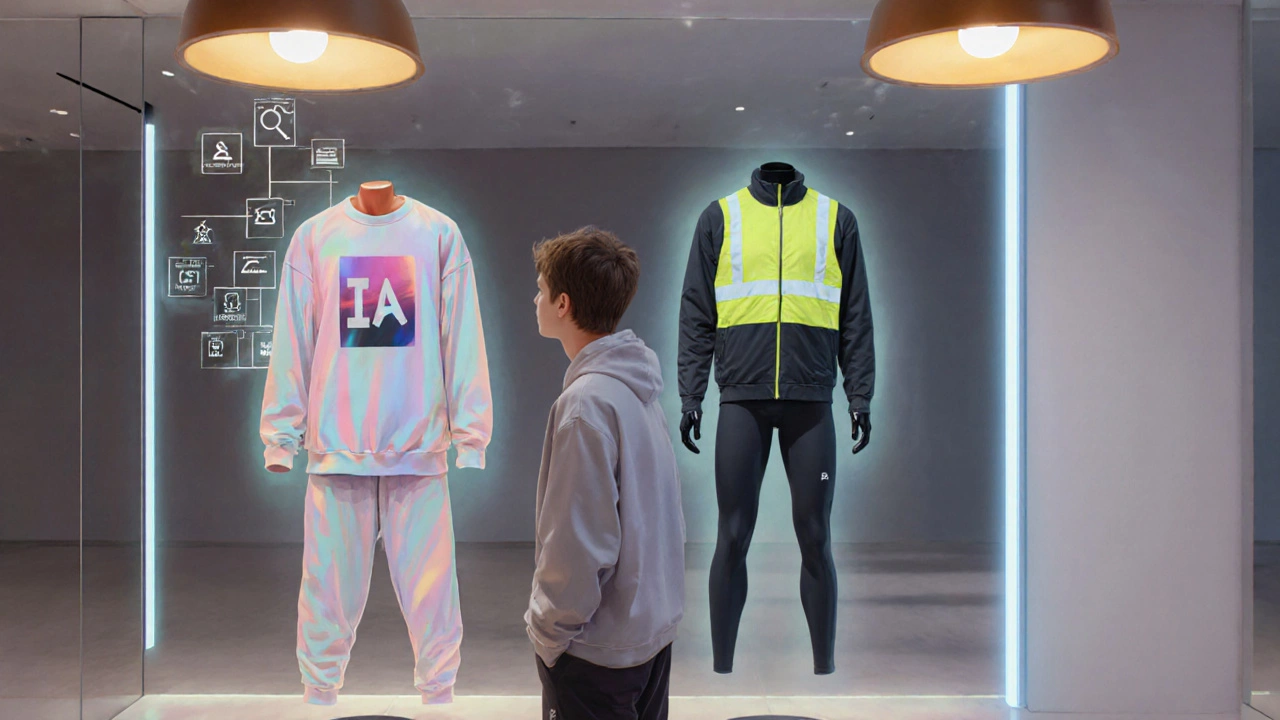 Shopper choosing between a sporty casual mannequin and a high‑tech athletic mannequin in a modern store.