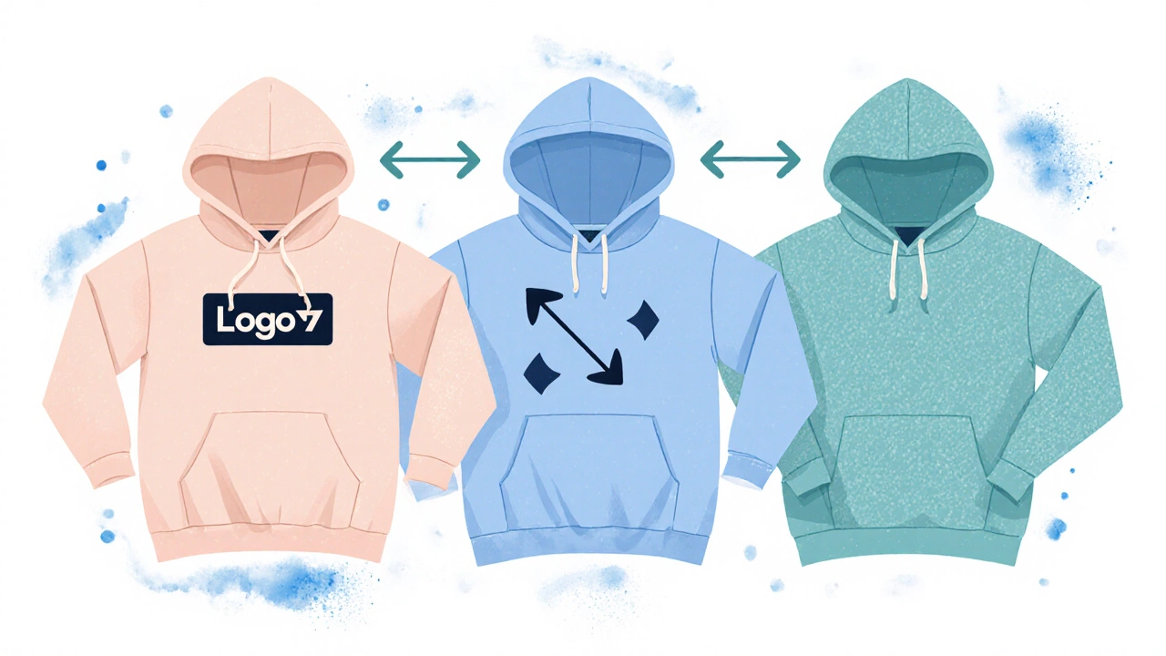 Side‑by‑side illustration of cotton, polyester, and fleece hoodies with wash direction arrows.