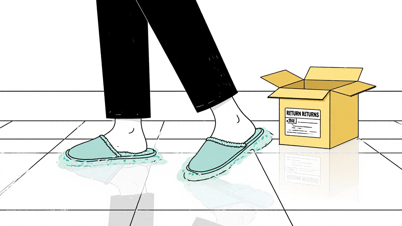 Side view of someone trying on a slipper with a nearby return box on the floor.