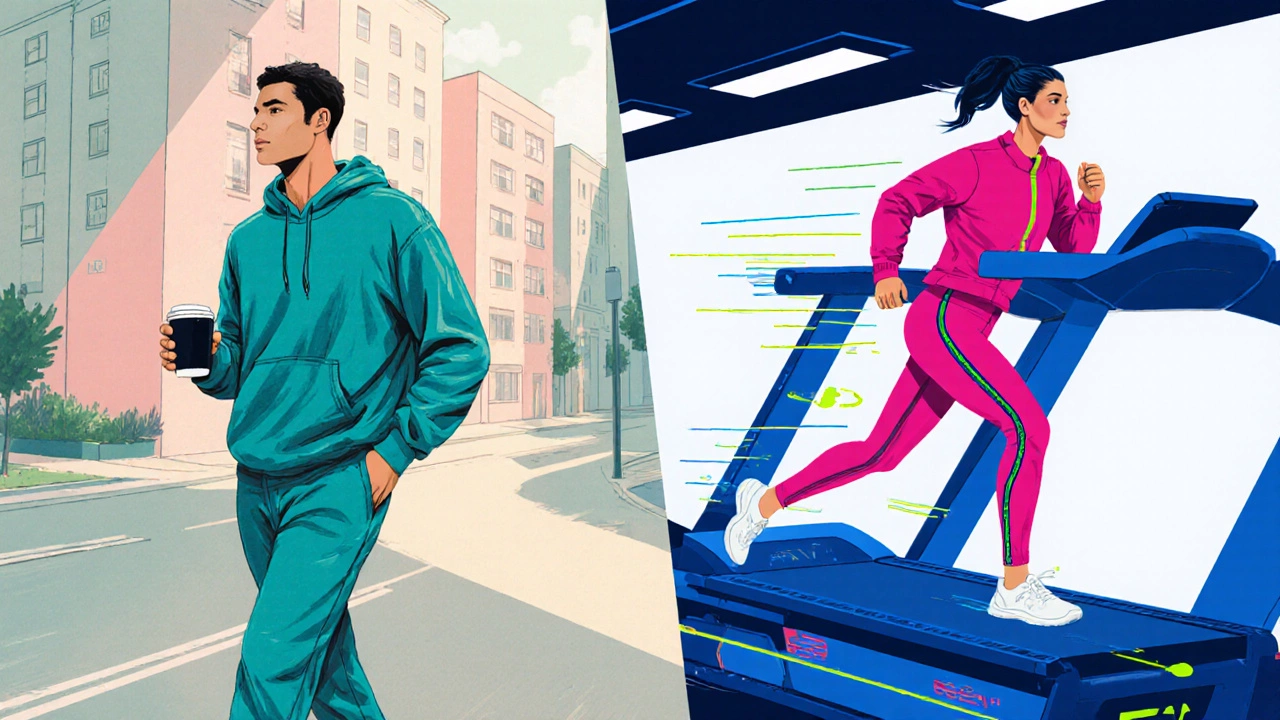 Split illustration of a casual model in sportswear walking and an athletic model sprinting on a treadmill.