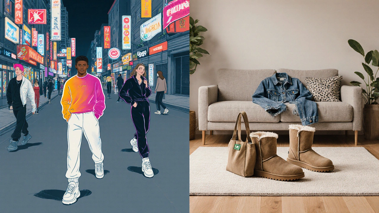Split scene contrasting streetwear sneakers with a lone pair of UGG boots indoors.
