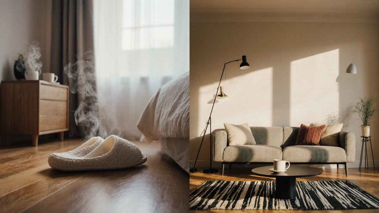 Split view of a British bedroom with slippers and an American lounge with slides.