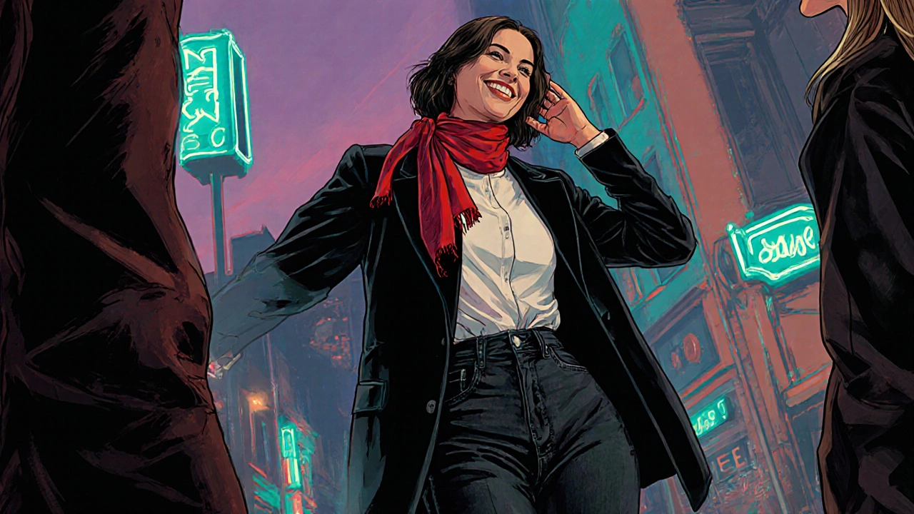 Stylish woman in open posture with fitted blazer and red scarf on city street.