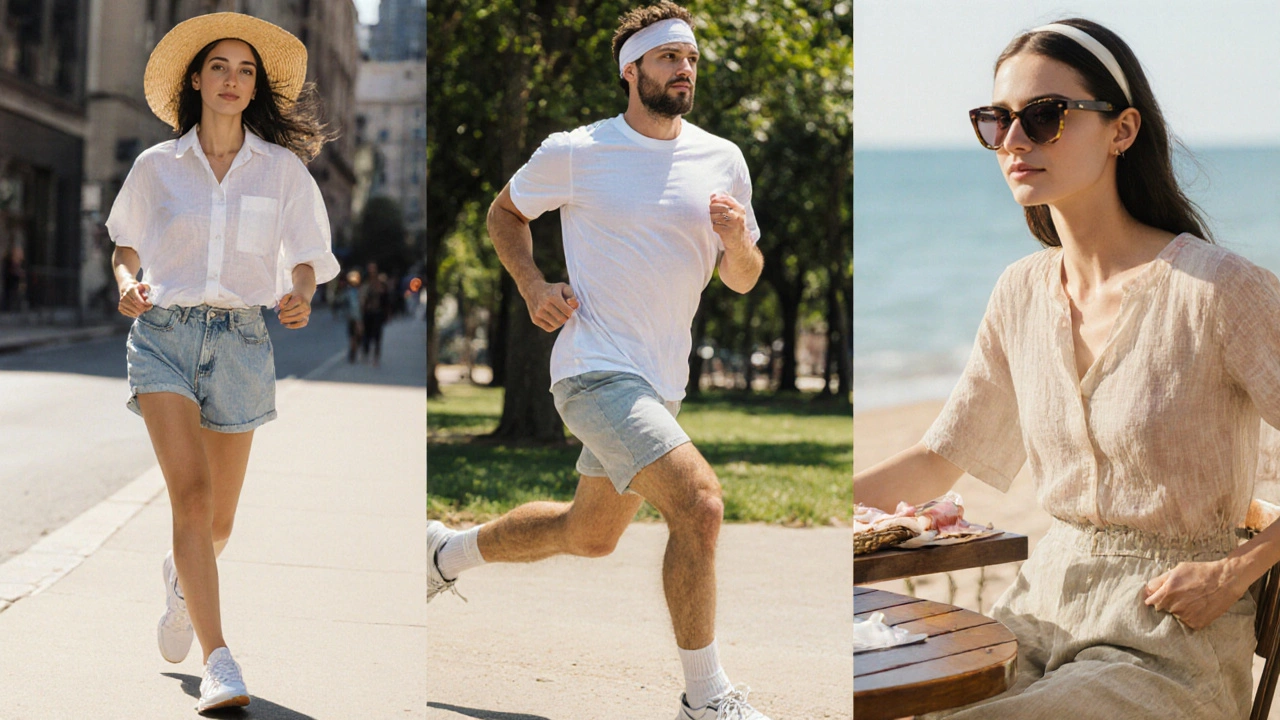 Three outfit panels: city stroll in linen, workout in polyester, beach brunch in bamboo and linen.