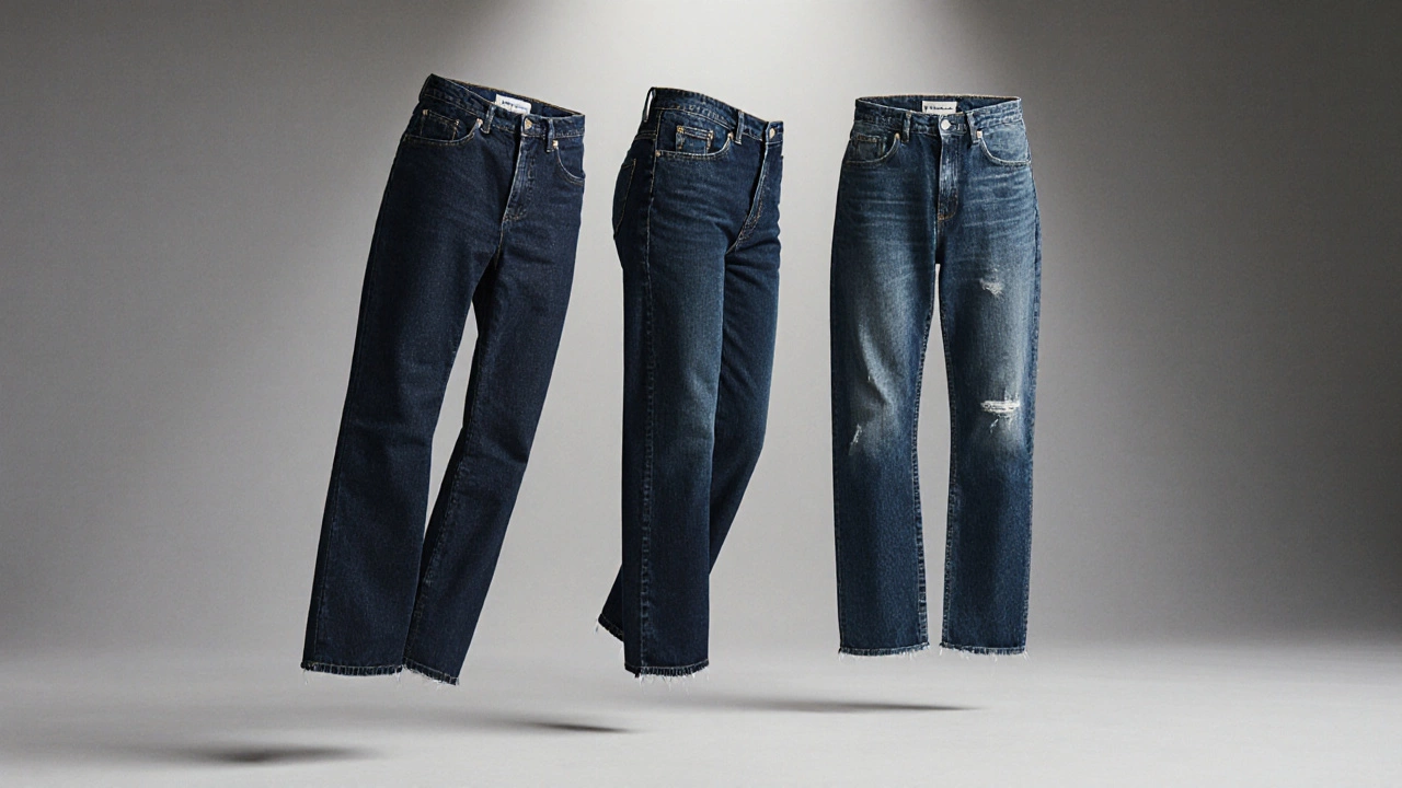 Three pairs of clean, dark denim jeans with no logos, symbolizing sustainable and timeless style.