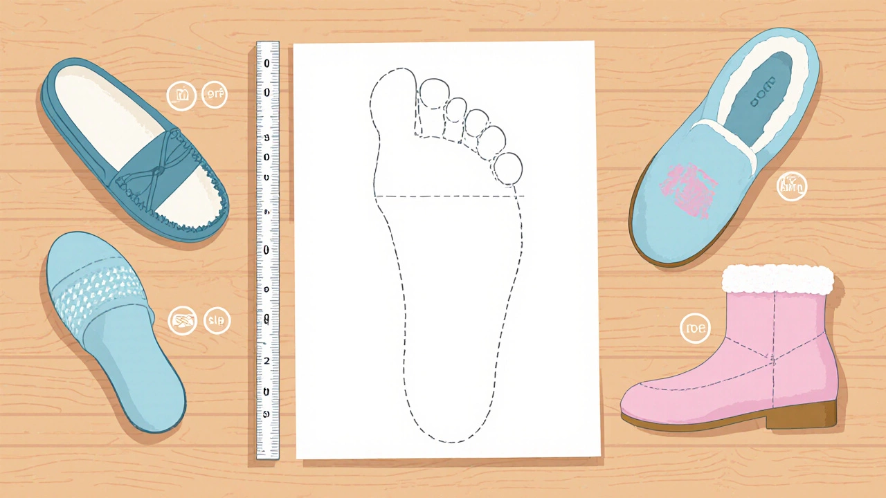 Top‑down view of foot traced on paper with a ruler and three pastel slipper icons.