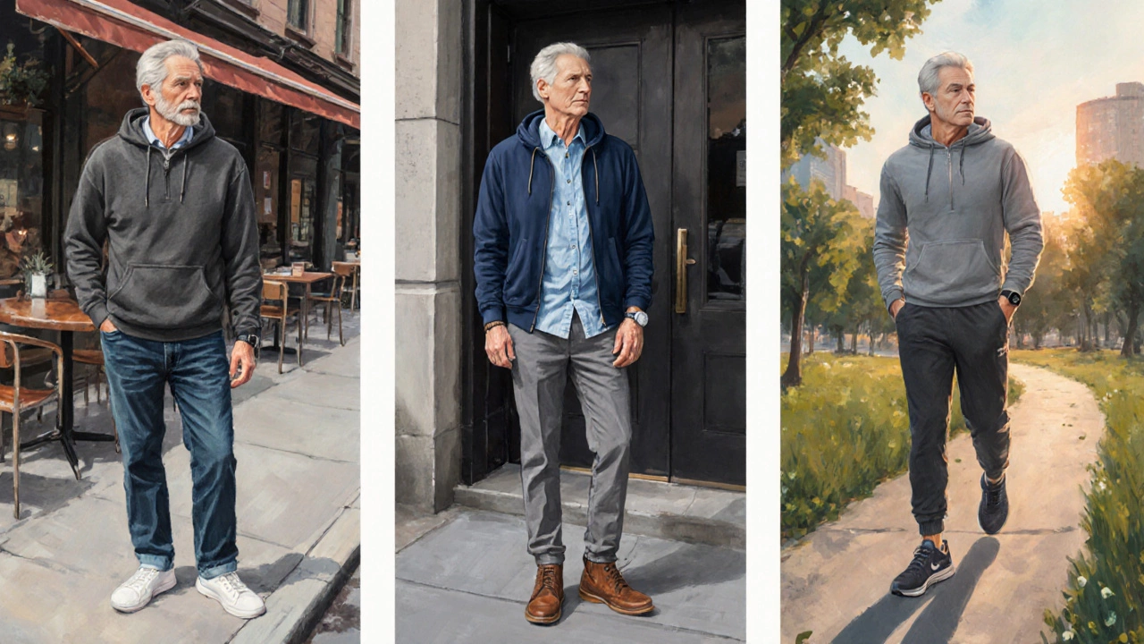 Triptych of three hoodie outfits: weekend, office, and active looks.