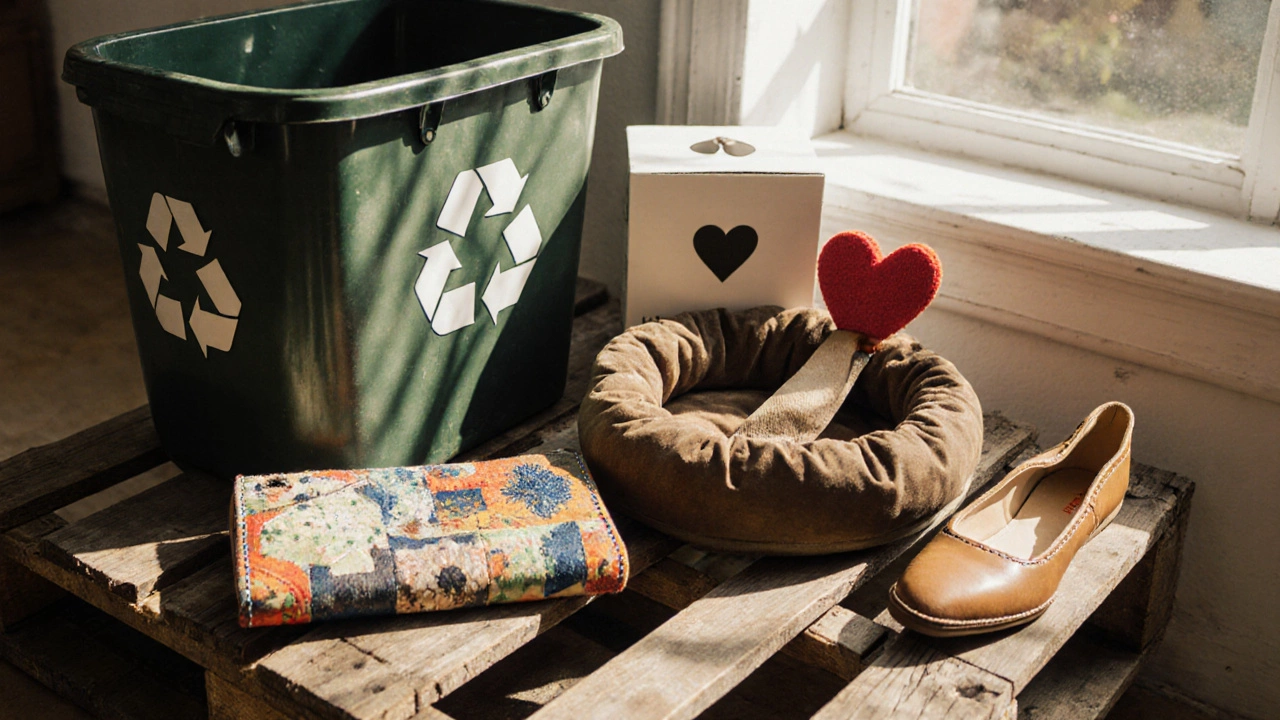Upcycled leather items from old shoes displayed beside recycling and donation boxes.