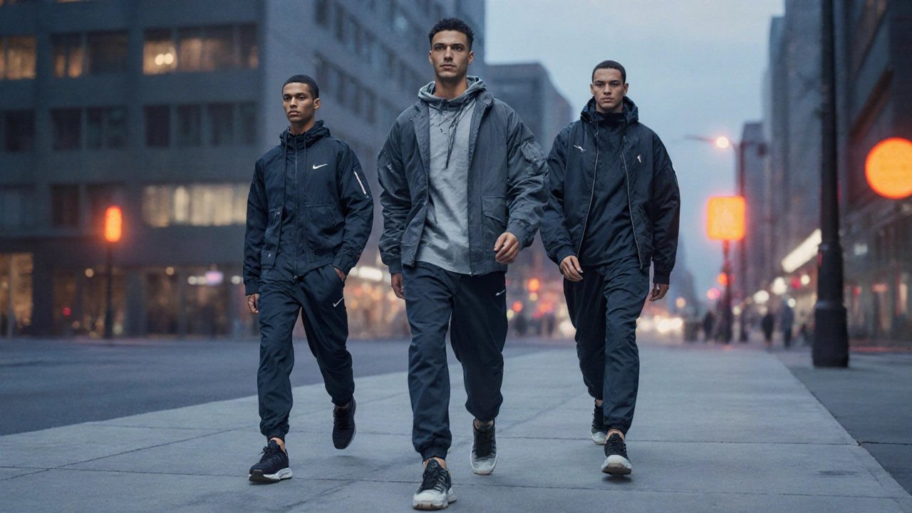 Urban runway with models wearing sleek, performance‑styled sportswear.