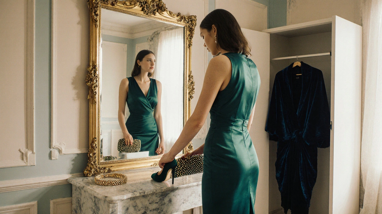 Woman adjusting a beaded clutch and putting on suede heels in a vintage dressing room.