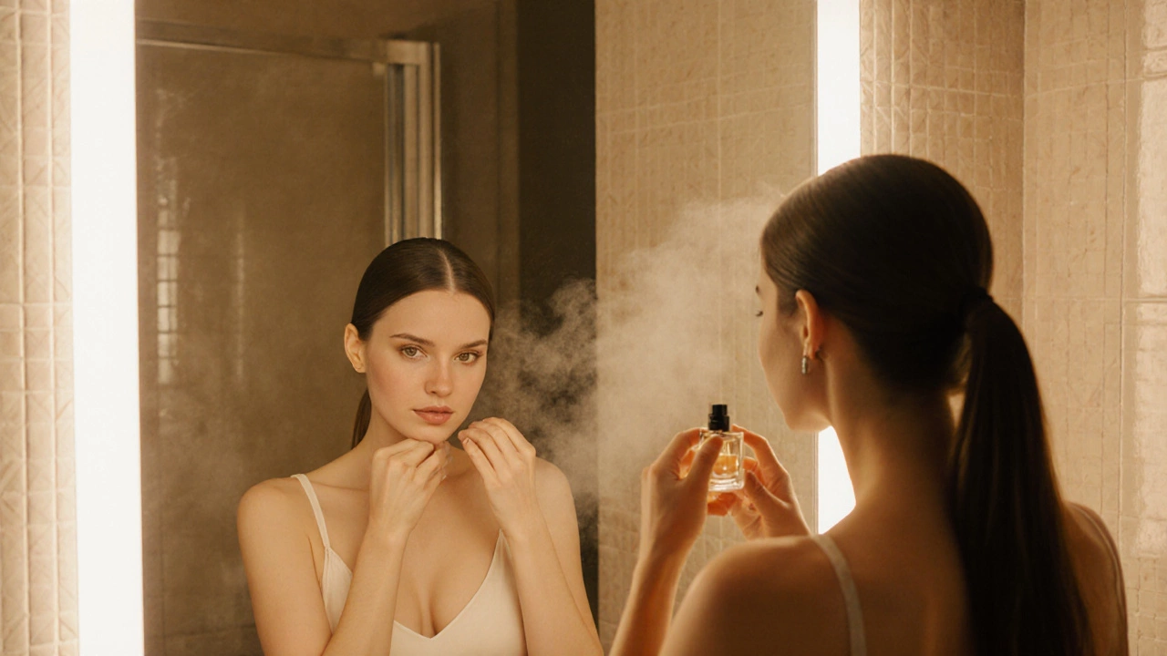 Woman applying perfume and checking posture before heading out.