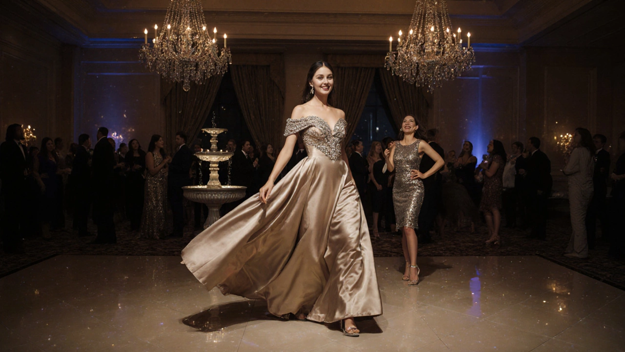A woman in an elegant evening gown dancing in a grand ballroom while others wear cocktail dresses nearby.