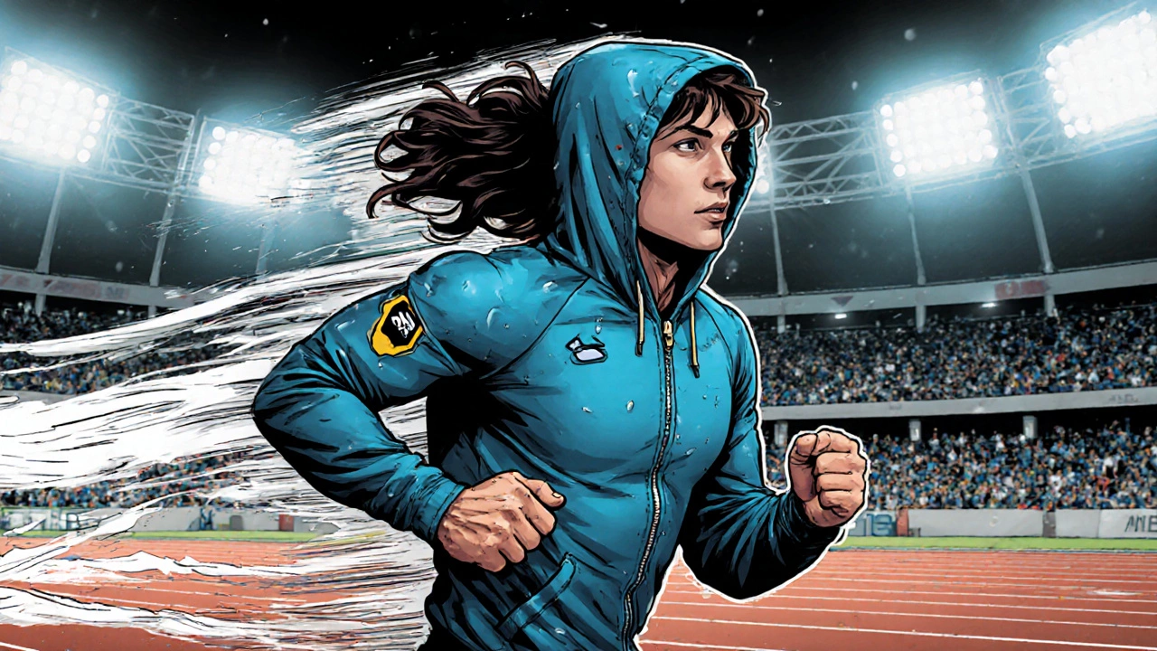 Athlete running in a zip-up hoodie with zipper half-open, sweat glistening under stadium lights.