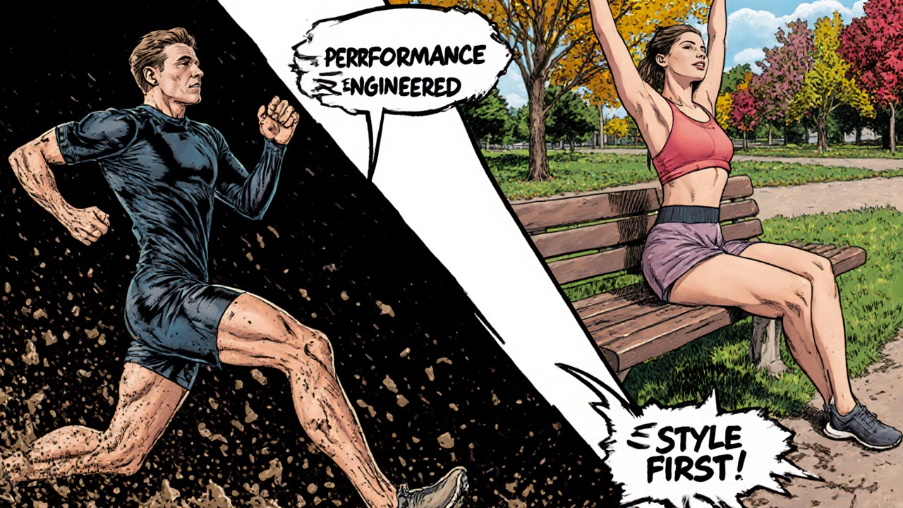Comic-style split image: athlete in performance sportswear sprinting vs. person in activewear doing yoga, emphasizing function versus fashion.