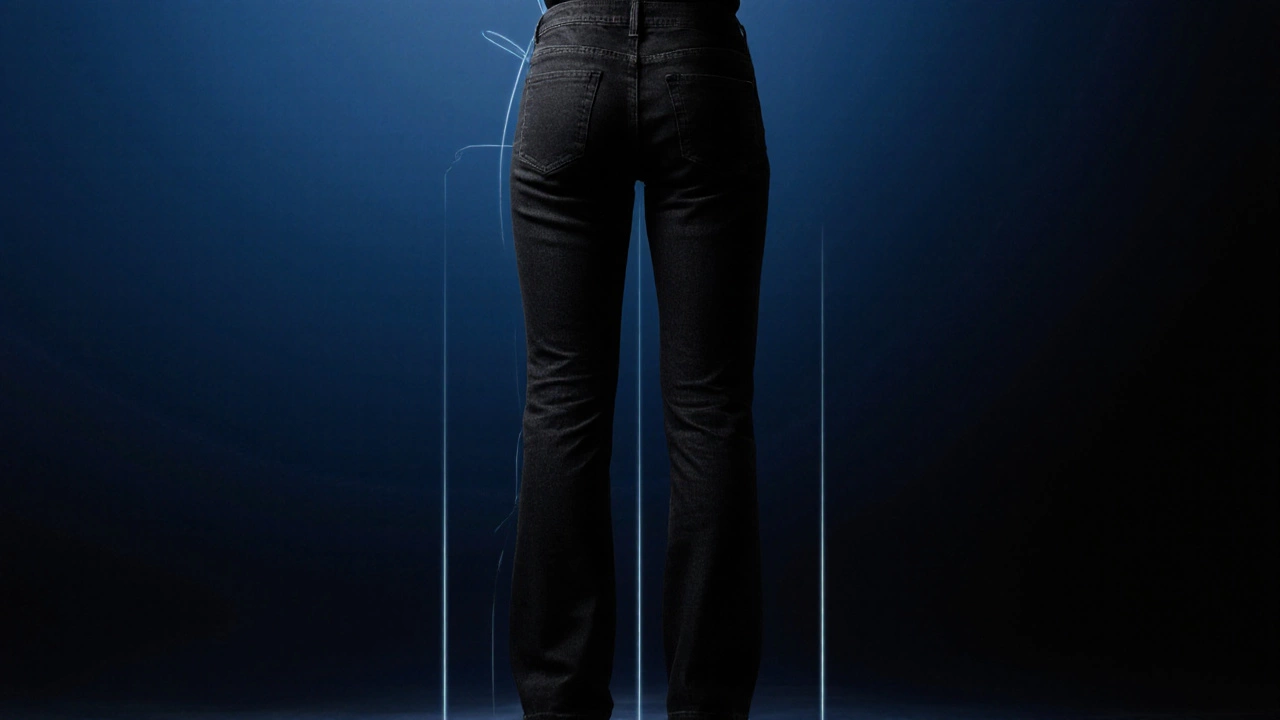 Figure in dark structured denim with soft lighting highlighting a streamlined shape.