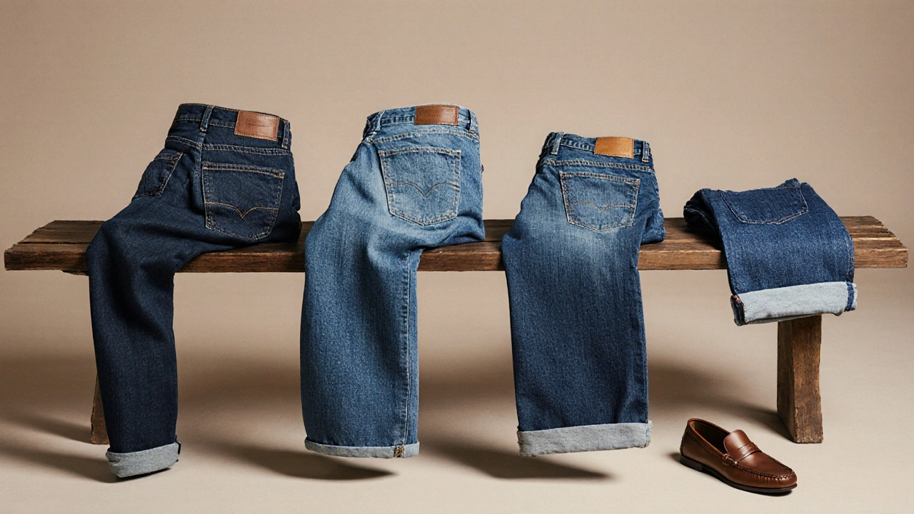 Four denim styles arranged neatly on a wooden bench: straight, bootcut, wide leg, and boyfriend cuts, highlighting modern fits.