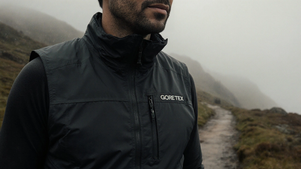 Hiker wearing a windproof technical shell vest on a misty mountain trail.