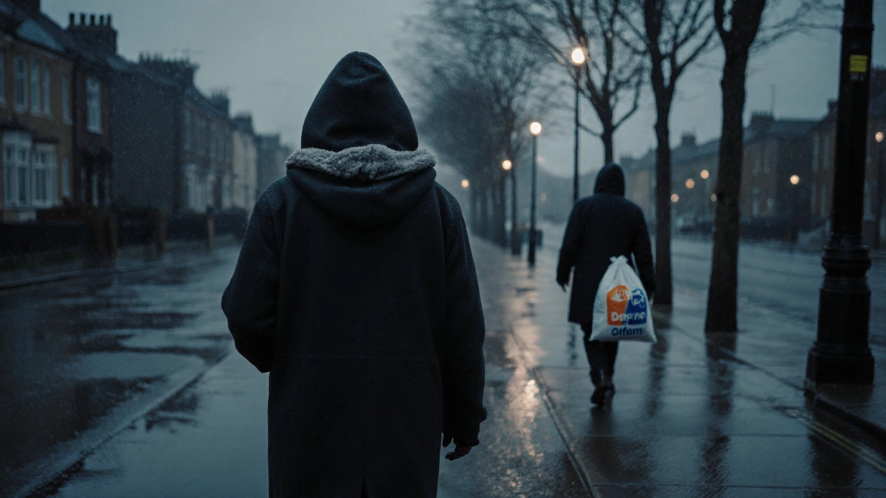 Person walking in rain wearing a heavy hoodie under a coat, hood up, city street with puddles and bare trees in background.