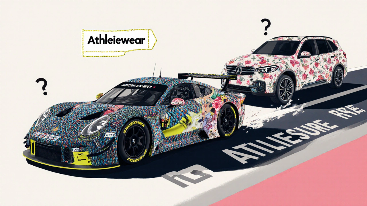 Race car and SUV made of fabric, representing sportswear and activewear, driving on separate paths with labeled textures and styles.
