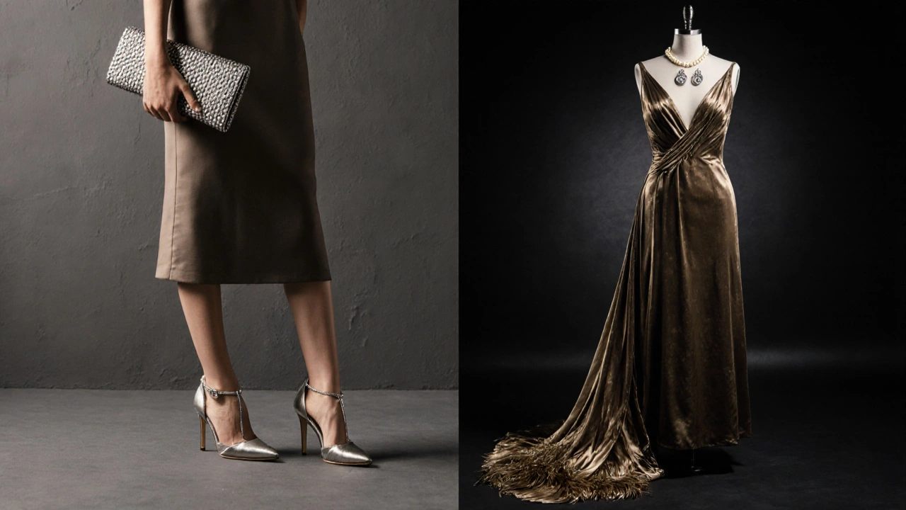 Side-by-side accessories: delicate jewelry and heels paired with formal and cocktail dresses.