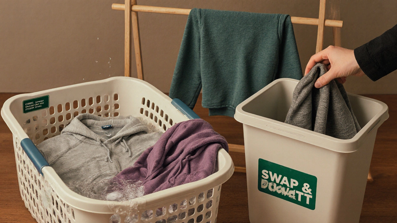Three hoodies in laundry: one washing, one drying, one folded, while an old one is being donated to a bin.