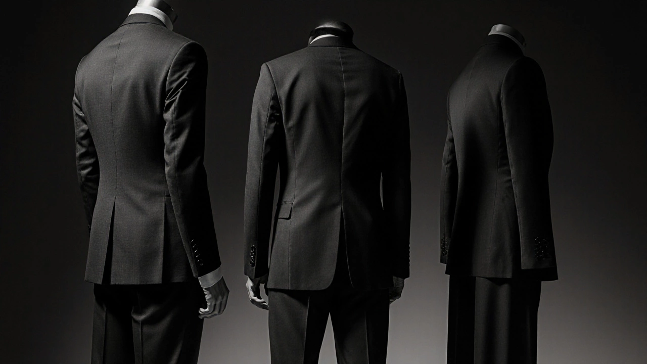 Three suits side by side showing tight, loose, and perfect fits.