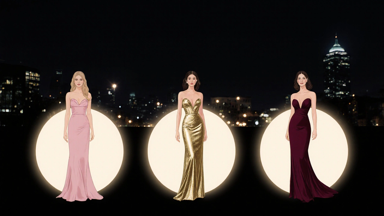 Three women in blush, gold, and burgundy dresses each in their own glowing light