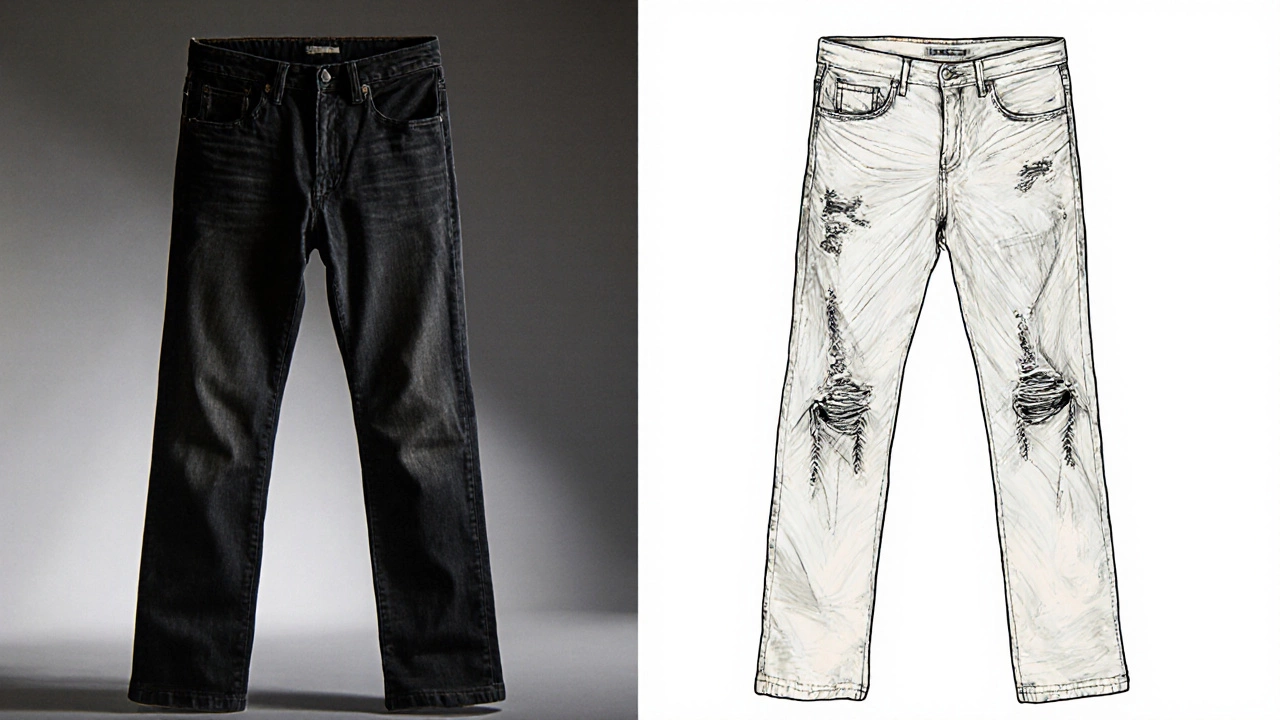 Two pairs of jeans side by side—dark and light wash—showing contrasting light reflection effects.